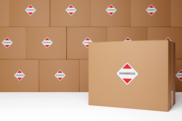 Transportation of dangerous goods and hazardous materials. Cardboard boxes labeled "Dangerous" on a white background. 3d rendering