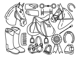 Hand drawing lineart doodle equestrian collection. Use for poster, print, card, postcard, design, pattern, shop, market, store, advertising, textile, fabric, coloring books