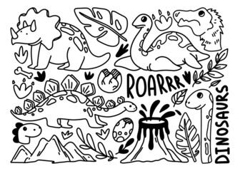 Hand drawing lineart doodle dinosaurs land before time. Use for poster, print, card, postcard, design, pattern, shop, market, store, advertising, textile, fabric, coloring books