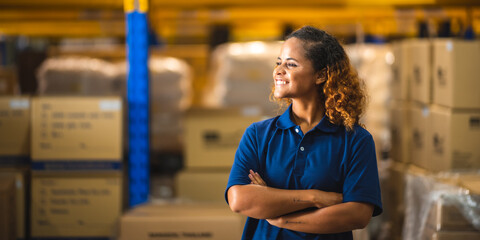 African American woman are work with business distribution inventory in warehouse factory, female people working in safety occupation job for shipping industry manufacturing