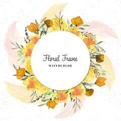 Beautiful Floral Watercolor Frame With Wild Flower And Feather