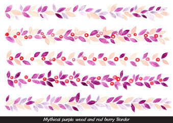 Mythical purple leaves and red berry border for decoration on fantasy natural theme and Christmas holiday festival.