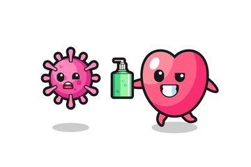 illustration of heart symbol character chasing evil virus with hand sanitizer