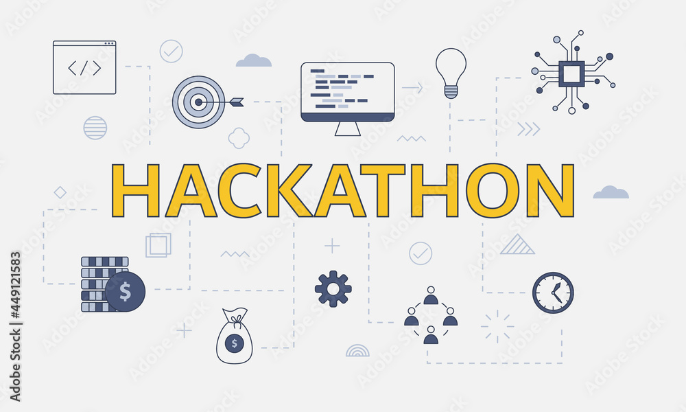 Wall mural hackathon concept with icon set with big word or text on center