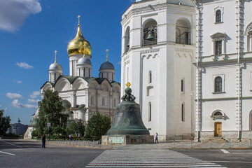 famous place bronze monument-Tsar Bell in the Kremlin close-up on a sunny summer day in Moscow Russia