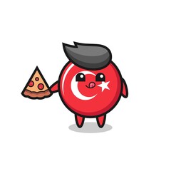 cute turkey flag badge cartoon eating pizza