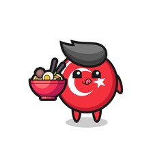 Obraz premium cute turkey flag badge character eating noodles