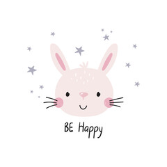 Be happy lettering. Cute little buny - vector illustration. Fun print for baby with character Bunny.