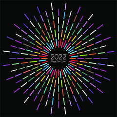 An abstract vector illustration of 2022 New Year sunburst design on a black background