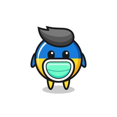 cute ukraine flag badge cartoon wearing a mask
