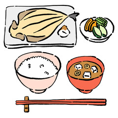 墨絵風の焼魚と漬物と味噌汁とごはんの食事のベクターイラスト