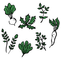 墨絵風の春の七草のベクターイラストセット