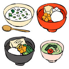 墨絵風のお正月の料理　お雑煮と七草粥、福茶のベクターイラスト