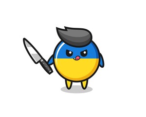 cute ukraine flag badge mascot as a psychopath holding a knife