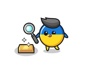 Fototapeta premium ukraine flag badge character is checking the authenticity of the gold bullion