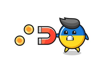 the character of ukraine flag badge hold a magnet to catch the gold coins