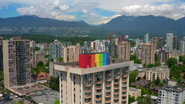 Colorful Structure At The Rooftop Of Sandman Suites Building In West End, Vancouver, British Columbia, Canada. aerial