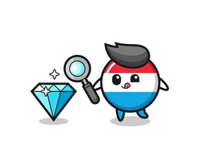 luxembourg flag badge mascot is checking the authenticity of a diamond