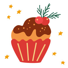 Christmas cupcake. Cute winter sweet food. Christmas and New Year Muffin. winter dessert with berries cream and twigs. Cartoon vector illustration isolated on white background.