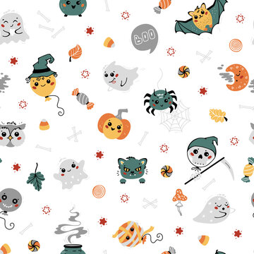 Vector Halloween Autumn Holiday Seamless Pattern. Cute Kawaii halloween Characters: Ghosts, Balloons, Animals, Pumpkin, Skull etc. Colorful Fun Background for Kids.