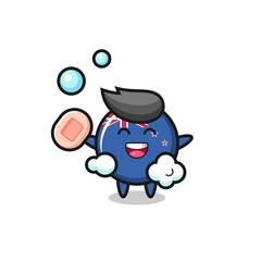 new zealand flag badge character is bathing while holding soap