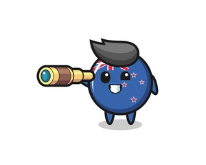 cute new zealand flag badge character is holding an old telescope