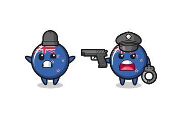 illustration of new zealand flag badge robber with hands up pose caught by police