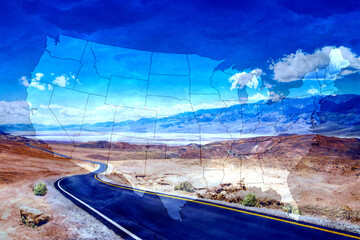 Landkarte von USA und Straße durch die amerikanische Wüste