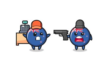 illustration of the cute new zealand flag badge as a cashier is pointed a gun by a robber