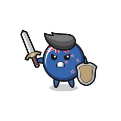 Fototapeta na wymiar cute new zealand flag badge soldier fighting with sword and shield