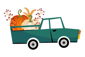 The car with pumpkins in trunk goes forward isolated on a white background. Vector seasonal illustration for decor of autumn postcards and posters