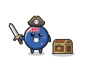 the new zealand flag badge pirate character holding sword beside a treasure box