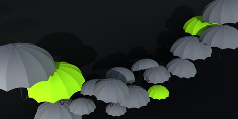 Gray and green umbrellas on a dark background. Abstract background texture. 3d illustration