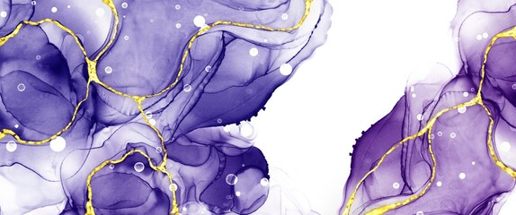 Blue and purple alcohol ink background, original texture with luxury golden decoration, gold kintsugi, hand drawn painted art, wallpaper for print, organic shapes, interior decoration	