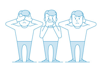 Three wise monkeys. One man covers his mouth with his hands, the other covers his ears, the third eyes.