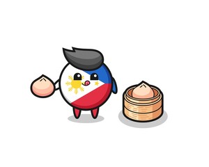 cute philippines flag badge character eating steamed buns