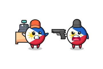 illustration of the cute philippines flag badge as a cashier is pointed a gun by a robber