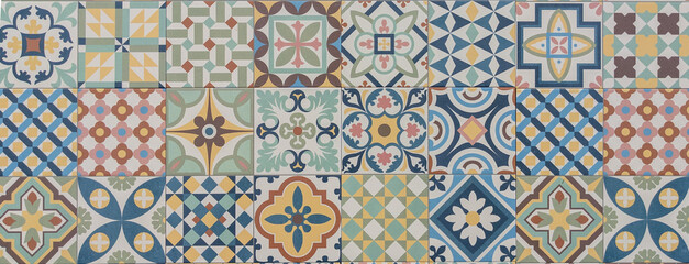 classic panorama mosaic ceramic tile pattern azulejo vintage tiles panoramic background - obrazy, fototapety, plakaty