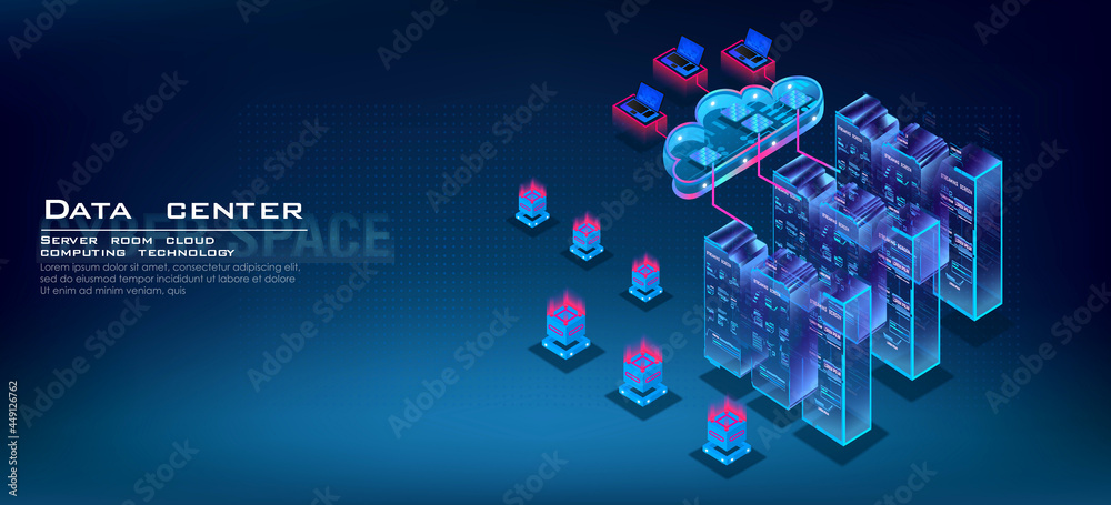 Poster server room isometric concept. working in cloud computing, web hosting with cloud data, processing a