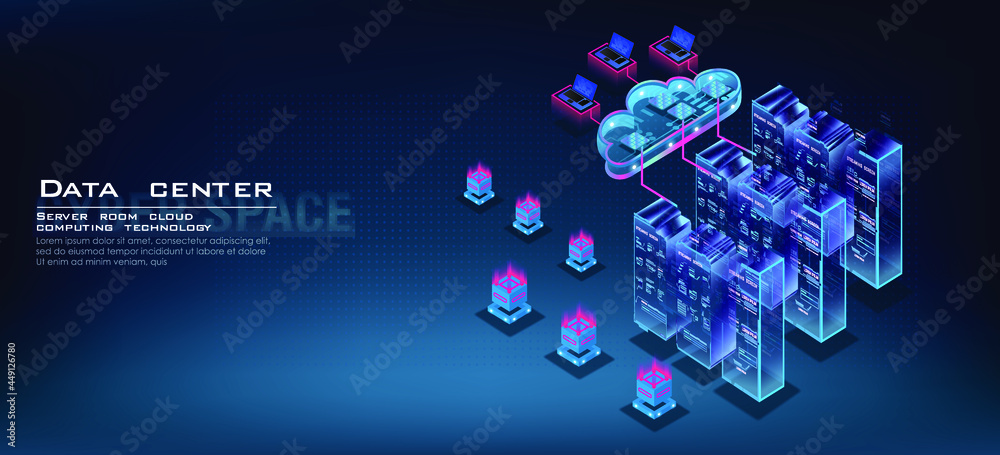 Poster server room isometric concept. working in cloud computing, web hosting with cloud data, processing a