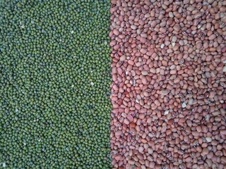 Food grains background, brown eyed beans and mung beans