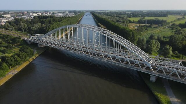 Aerial view of the Muiderspoorbrug over the Amsterdam-Rijnkanaal between Diemen and Weesp.