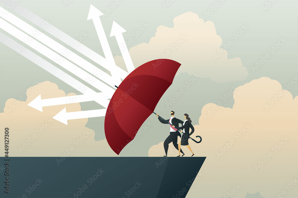 Wall mural businessman and businesswoman with umbrella red protect arrows rain falling on cliff.