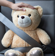 Man with a teddy bear wearing a seat belt in the car