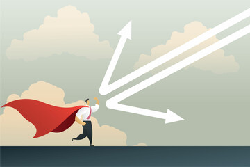 Obraz premium Superhero businessman reflecting a falling arrow graph to protect the economic crisis