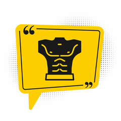 Black Bodybuilder showing his muscles icon isolated on white background. Fit fitness strength health hobby concept. Yellow speech bubble symbol. Vector