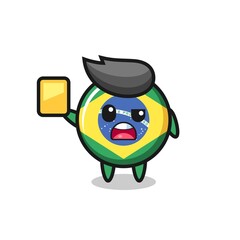 cartoon brazil flag badge character as a football referee giving a yellow card