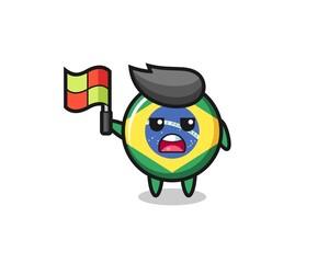 Fototapeta premium brazil flag badge character as line judge putting the flag up
