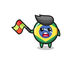 Fototapeta premium brazil flag badge cartoon as the line judge hold the flag up at a 45 degree angle