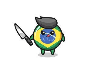 cute brazil flag badge mascot as a psychopath holding a knife